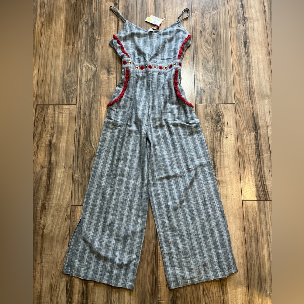 RAGA ANTHROPOLOGIE Plaid Embroidered Detail Fringe Tie Waist Wide Leg Jumpsuit M - Picture 2 of 13